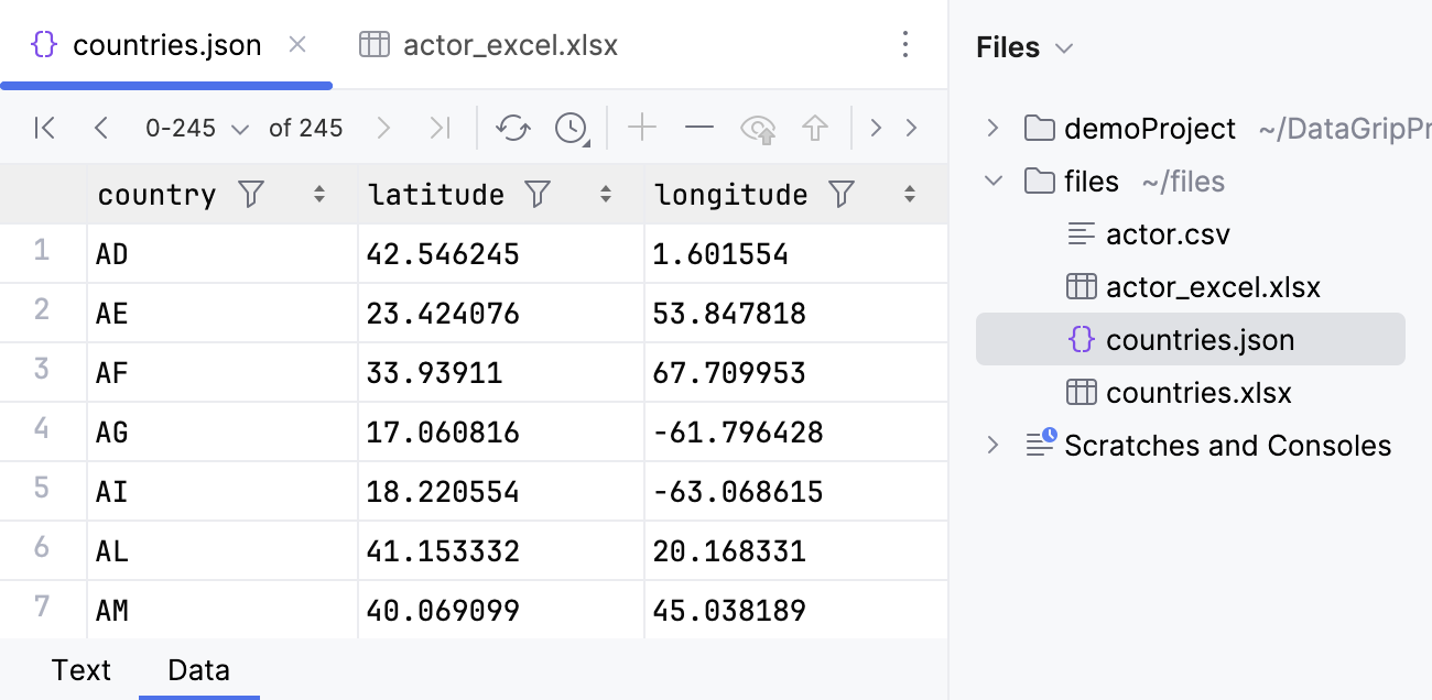 Contents of a JSON file are displayed in the data editor