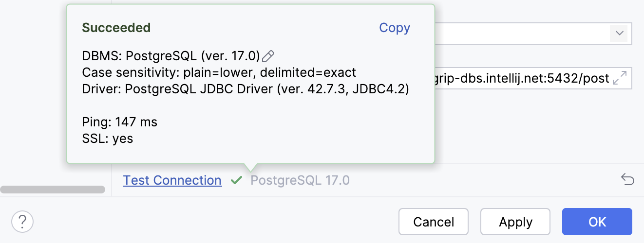 Successful connection to the database