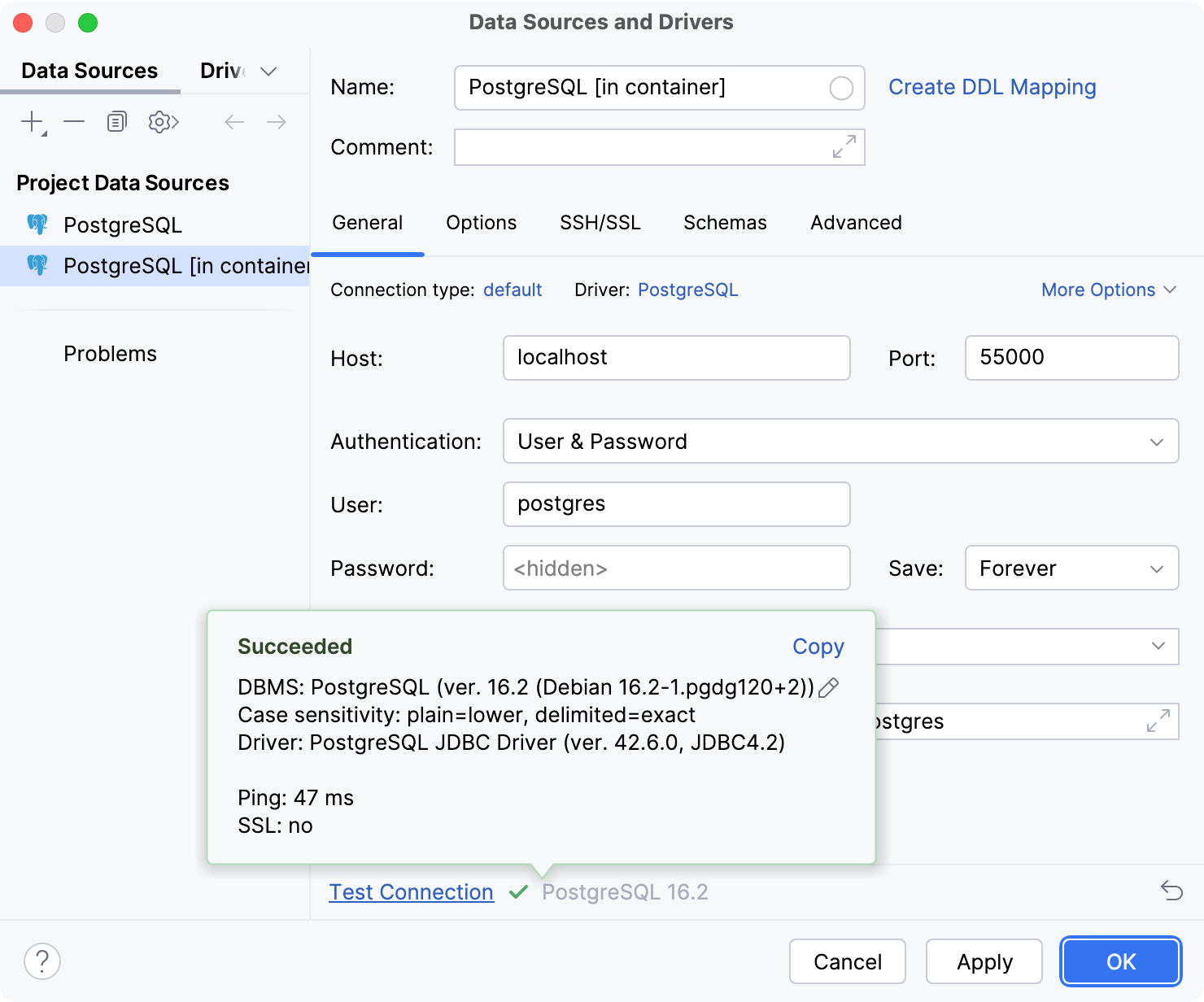 Successful test connection to the PostgreSQL data source