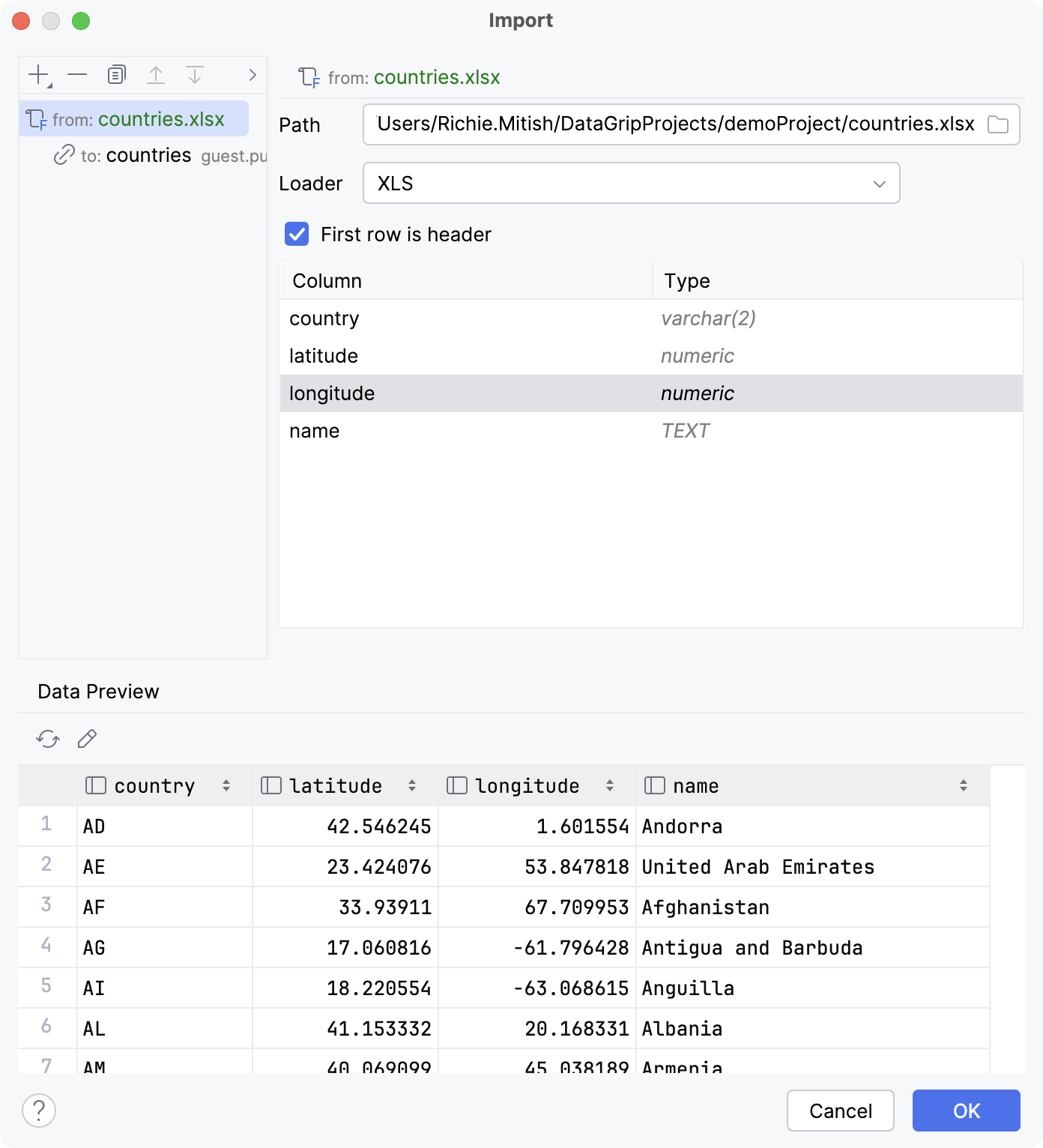 Import data from Excel file: source settings