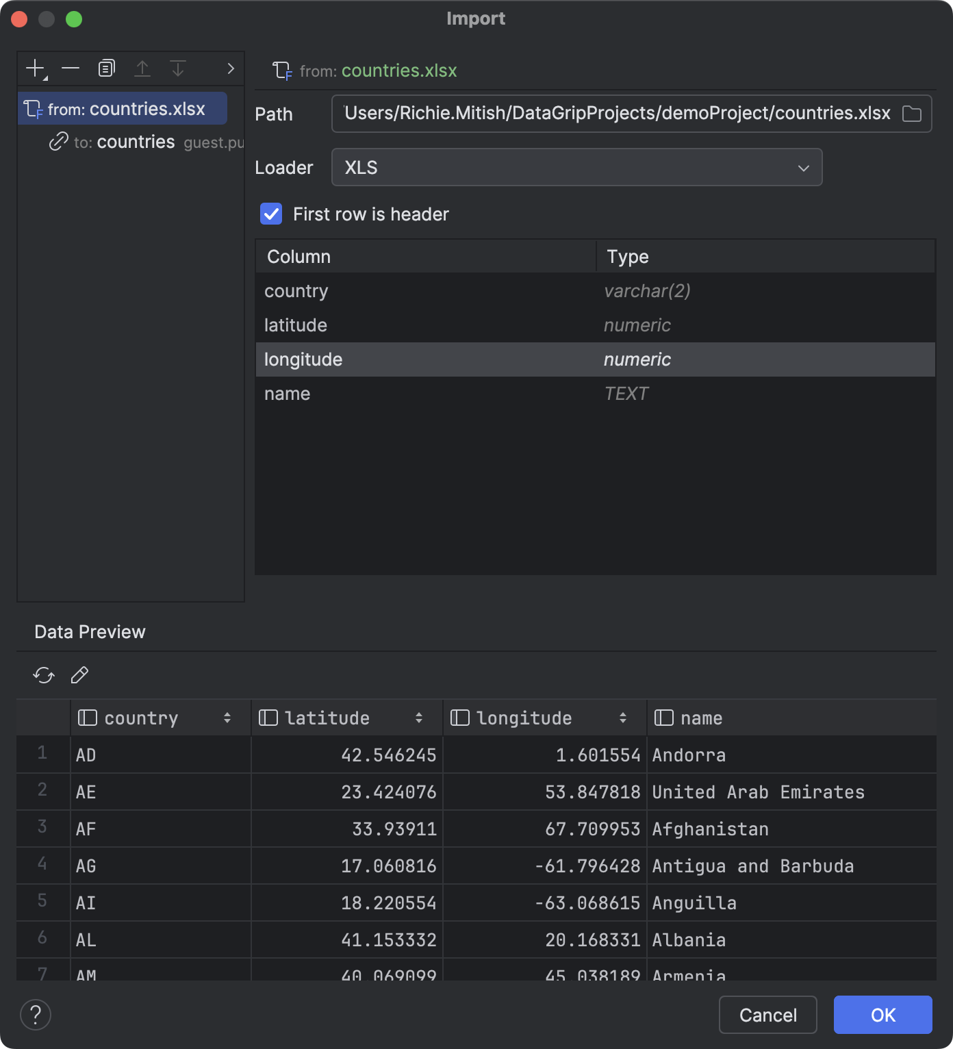 Import from excel files datagrip documentation