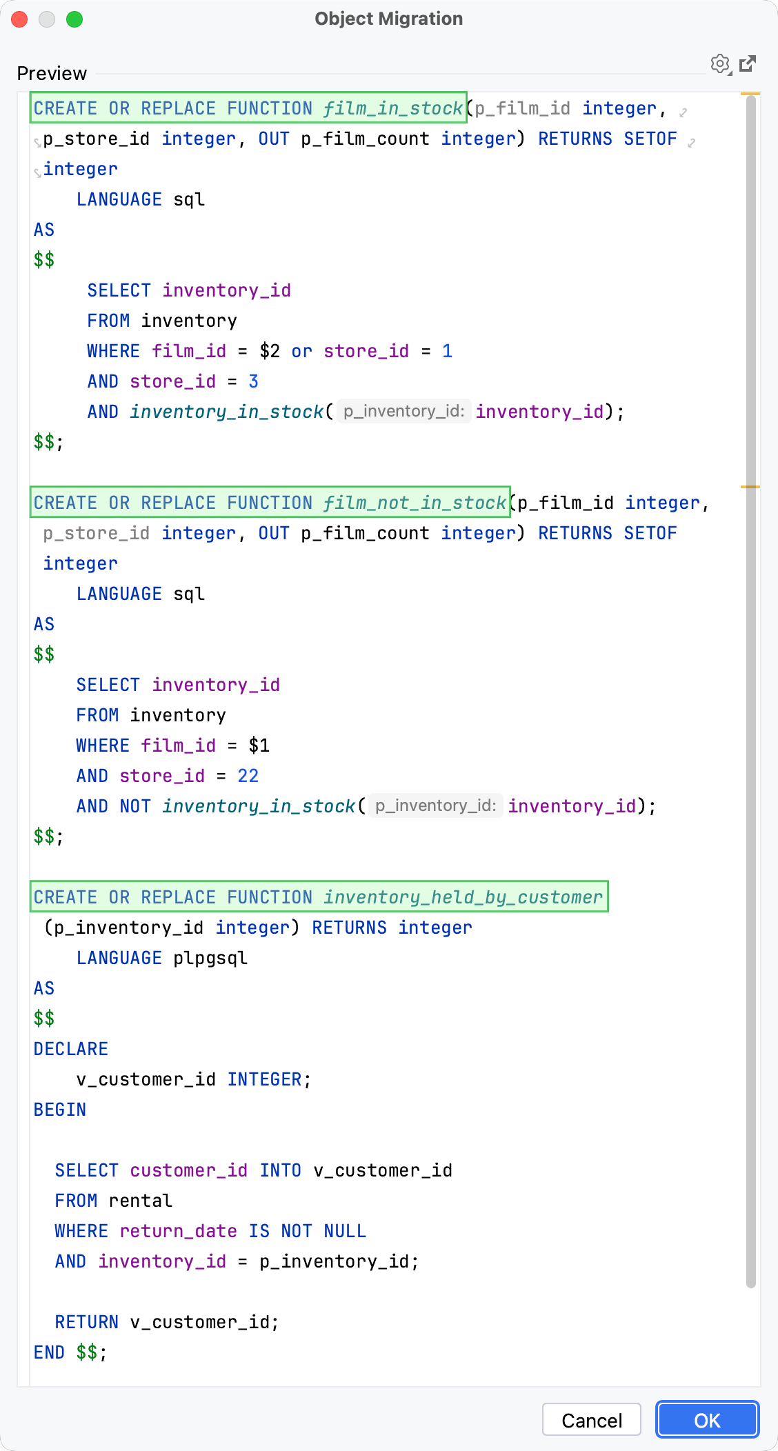 Migration script with changes for multiple database objects