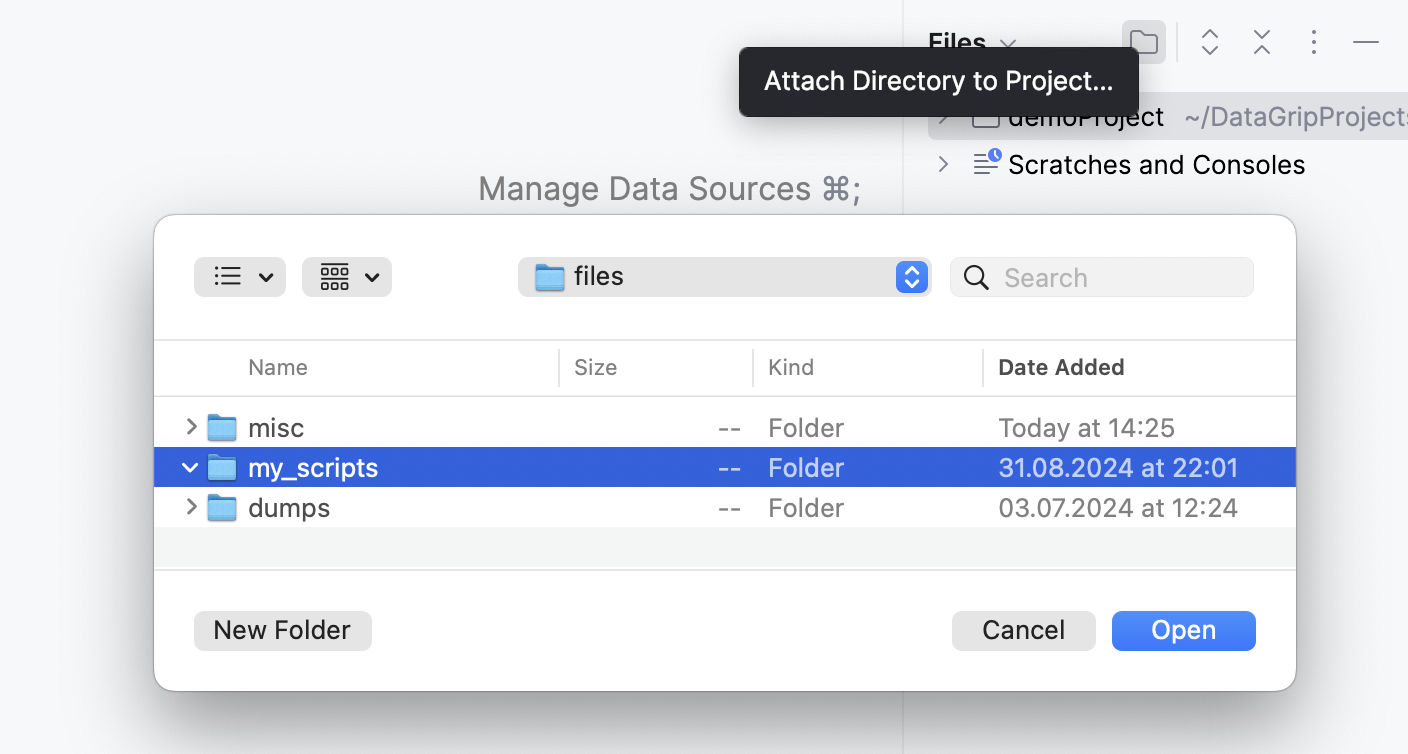 Attaching the directory with the SQL file to the DataGrip project