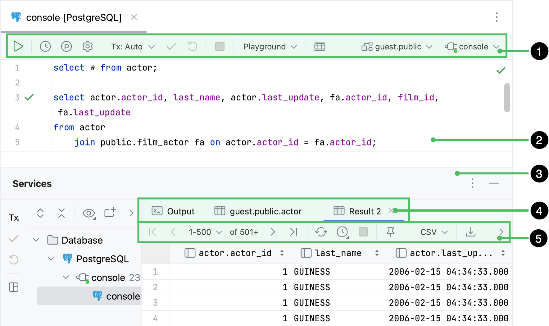 Query console with an active Result tab of Services tool window