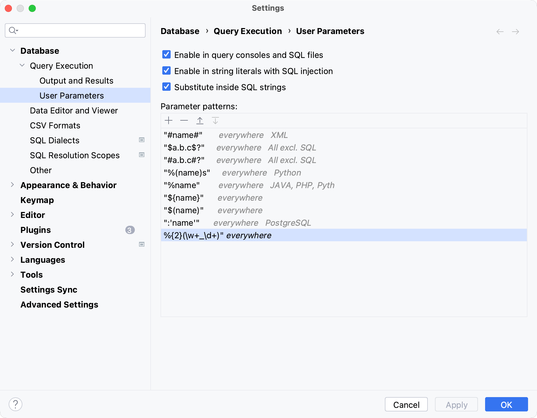 Example of a parameter pattern in IDE Settings dialog