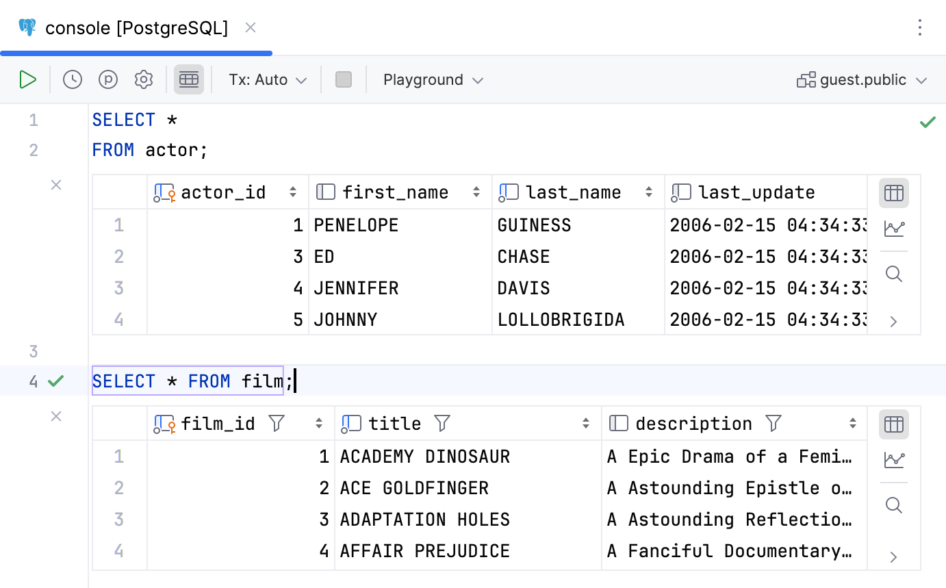 View two result sets in the editor