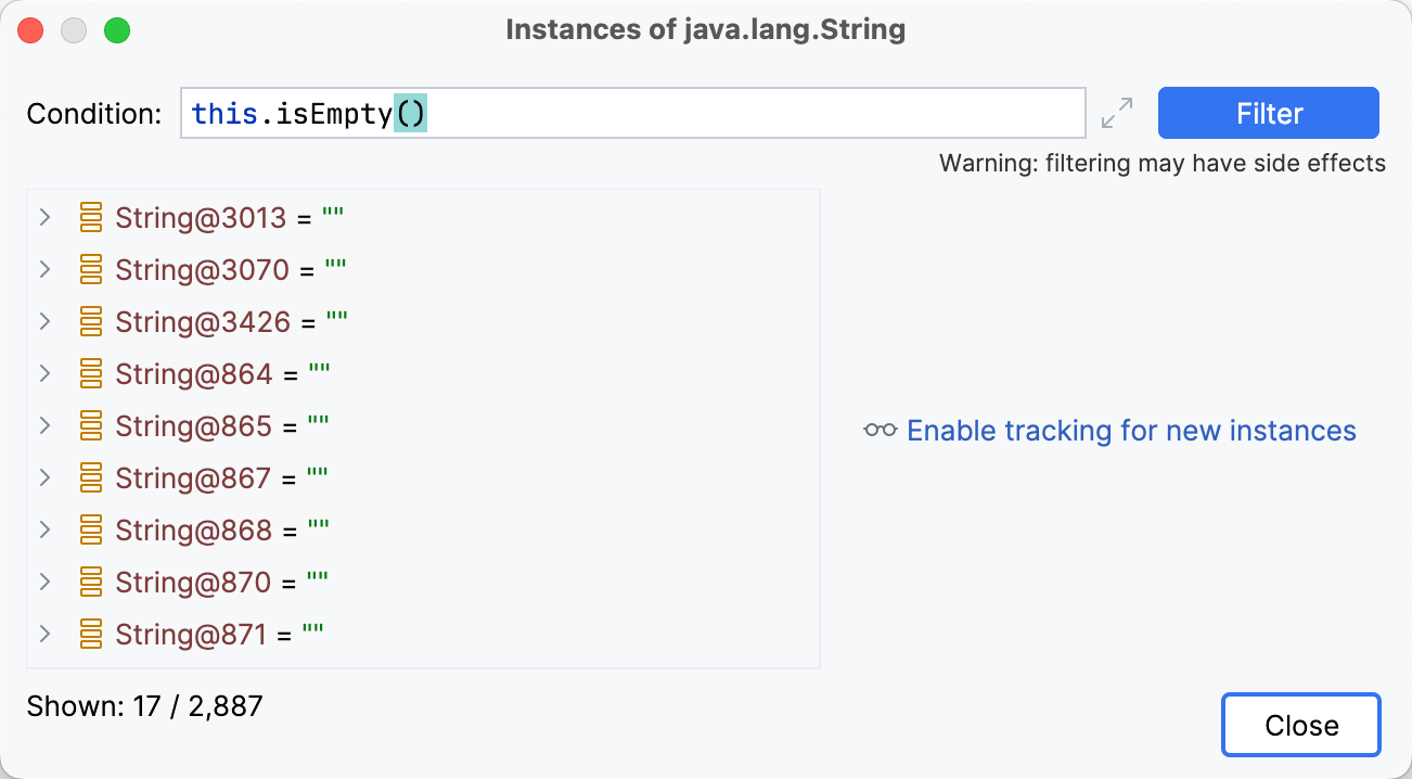 Filtering instances in the Memory tab