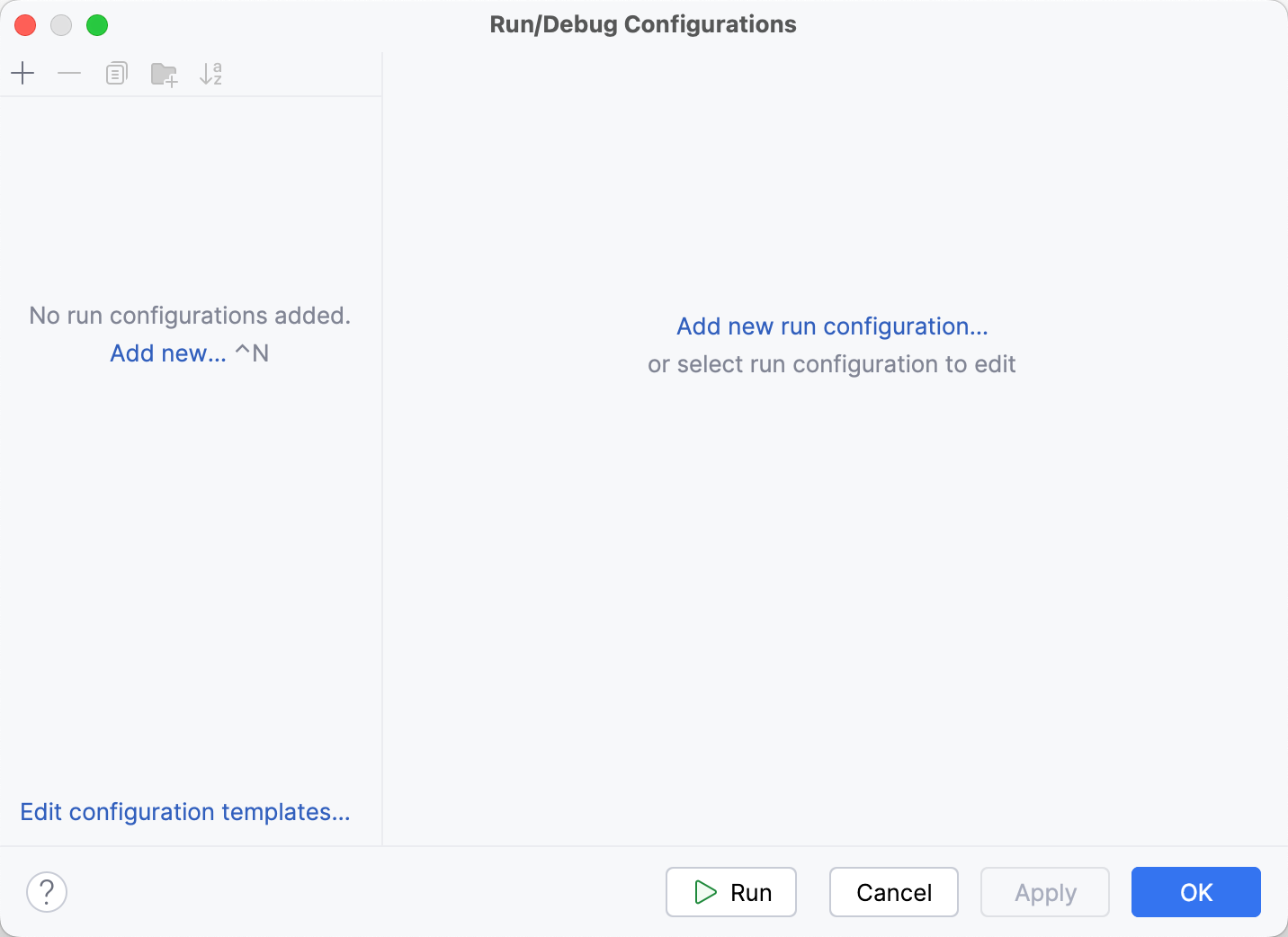 The Add New Configuration button in the top-left corner of the Run/Debug Configurations dialog