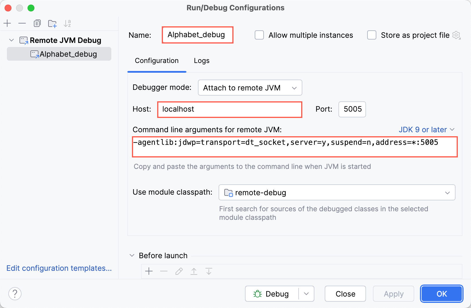 The Name, Host, and Command line arguments for remote JVM fields