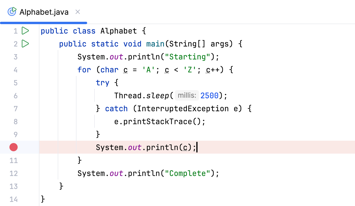 Setting a line breakpoint at line 10