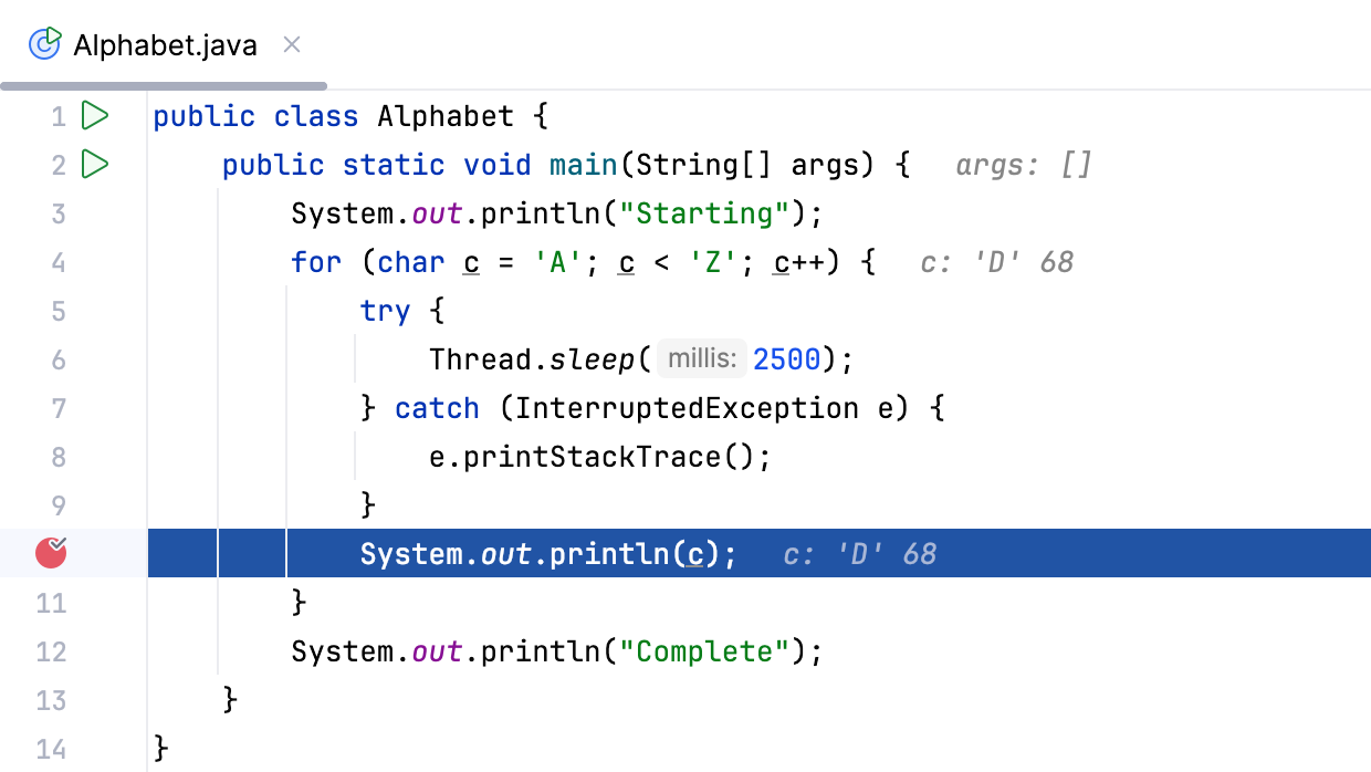 The blue highlighting indicates that the program is suspended at line 10