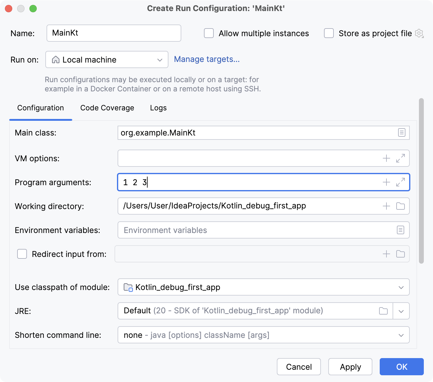 Arguments are entered in the Program arguments field