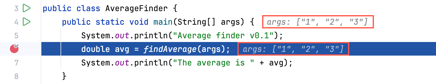 Inline debugging shows variable values right at the line where the respective variables are used