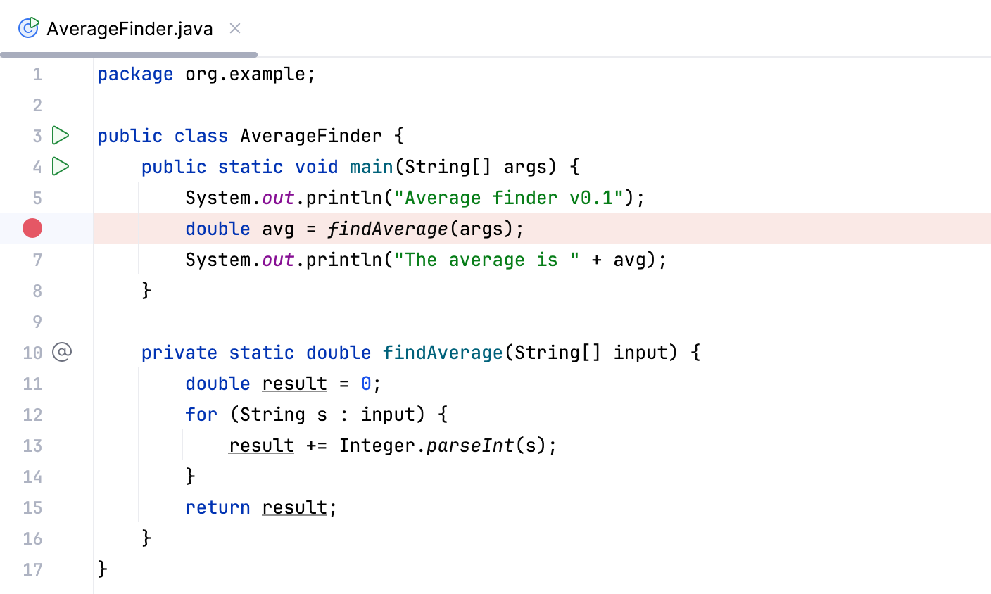 A breakpoint is set at the line that calls the findAverage method