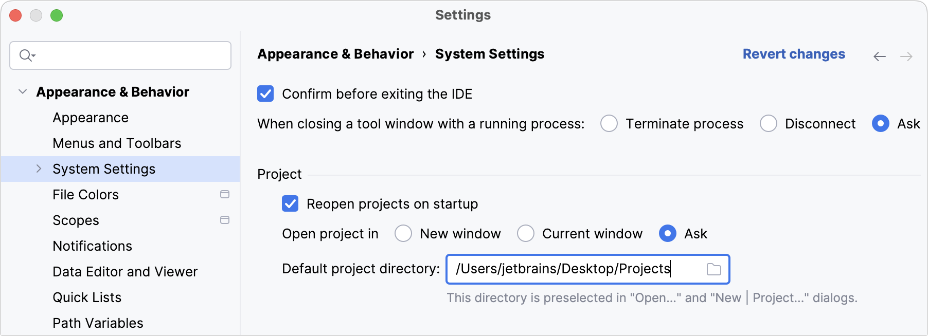 Changing the default location for projects