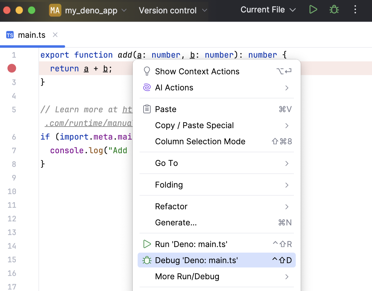 Debug a Deno app from the editor, context menu
