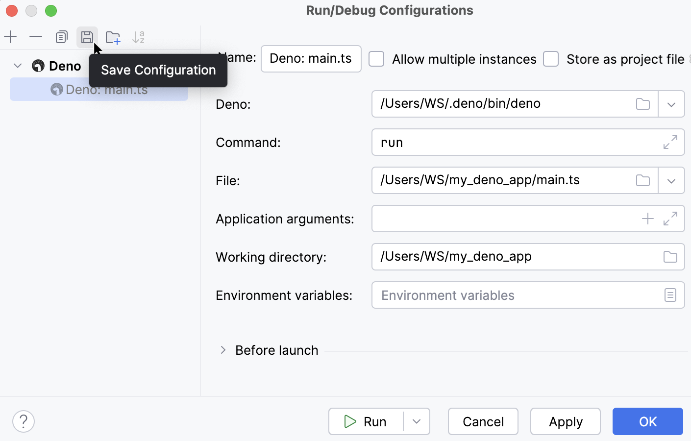 Save a temporary Deno run/debug configuration