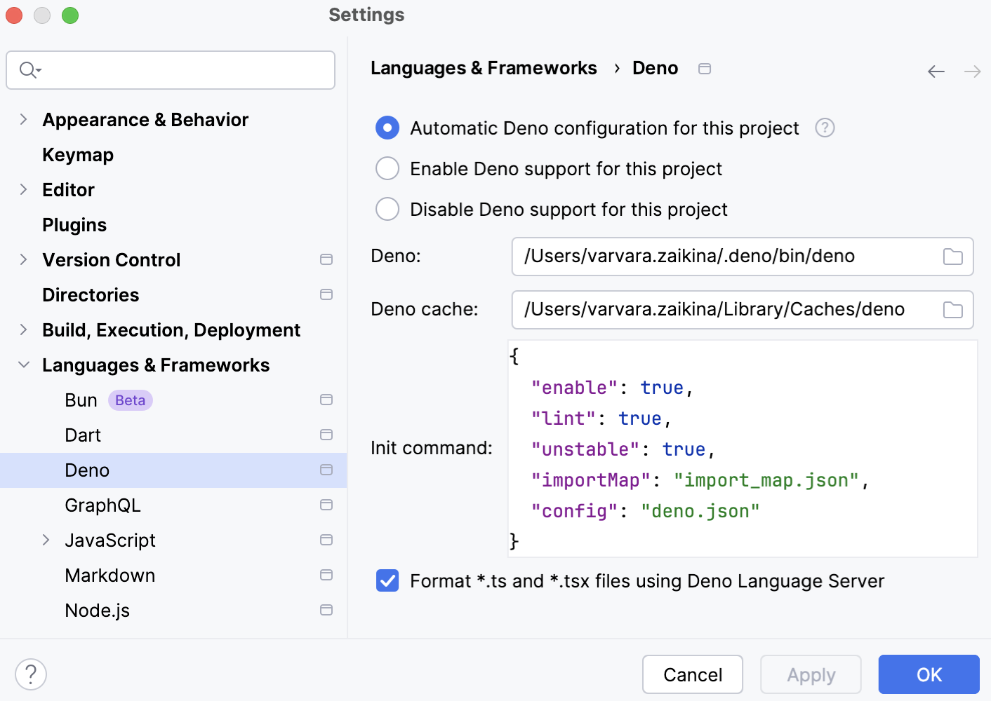 Deno configuration settings