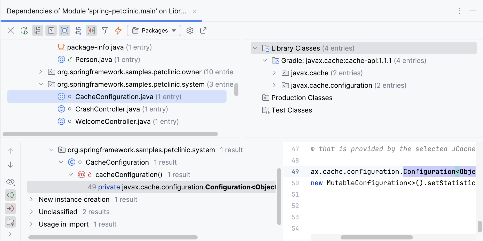 Results of the dependencies analysis in the Dependency Viewer tool window