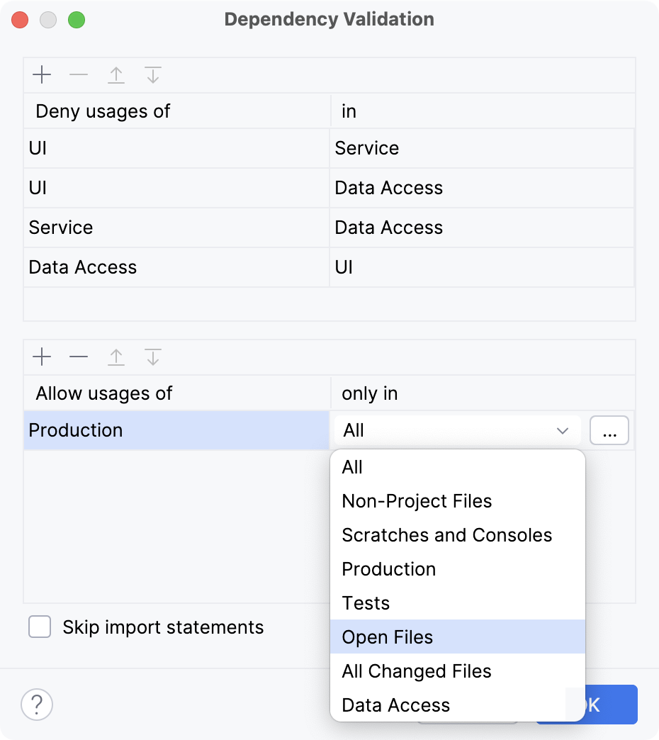 the Dependency Validation dialog