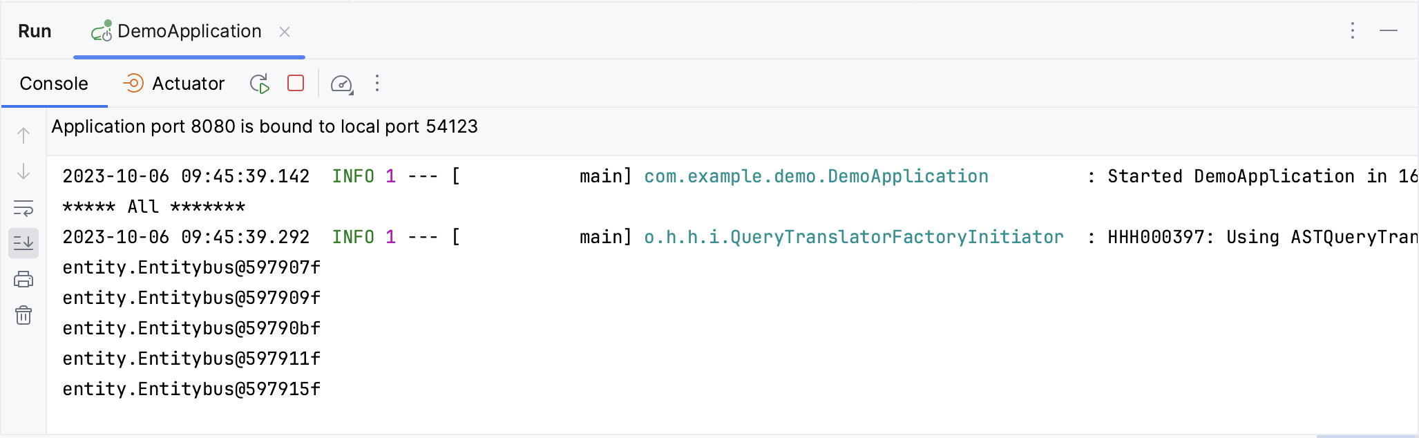 Console output after successfully running the Spring Boot application