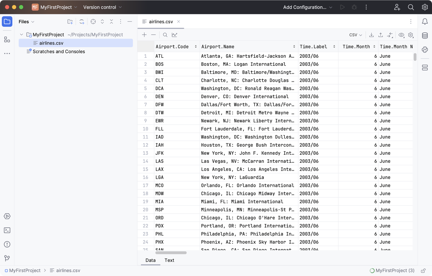 Viewing airlines.csv in the editor