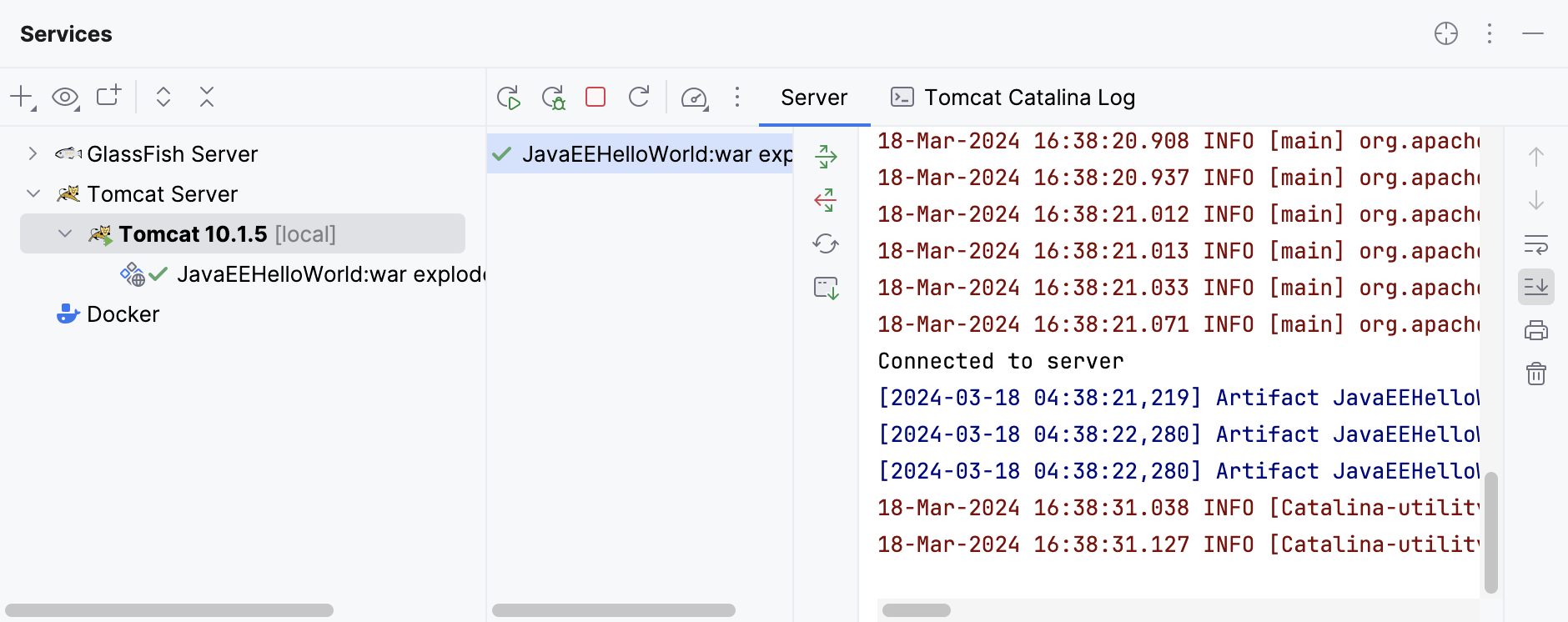 Started GlassFish server and deployed application in the Services tool window