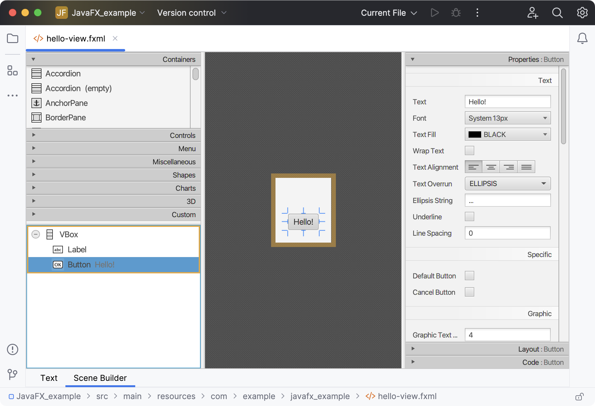 An .fxml file opened in Scene Builder in the IDE