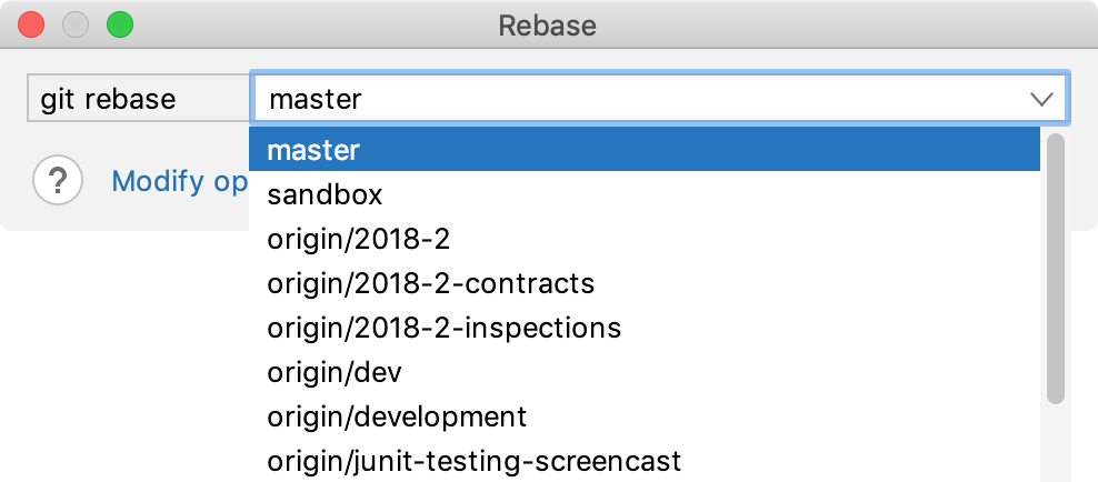 Choose target branch in the Git rebase dialog