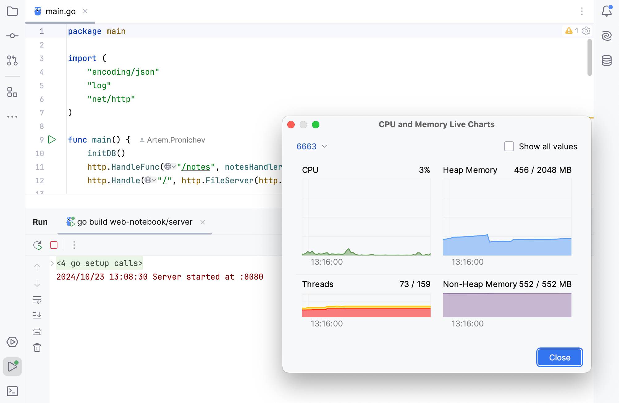 CPU and Memory Live Charts in the Run tool window