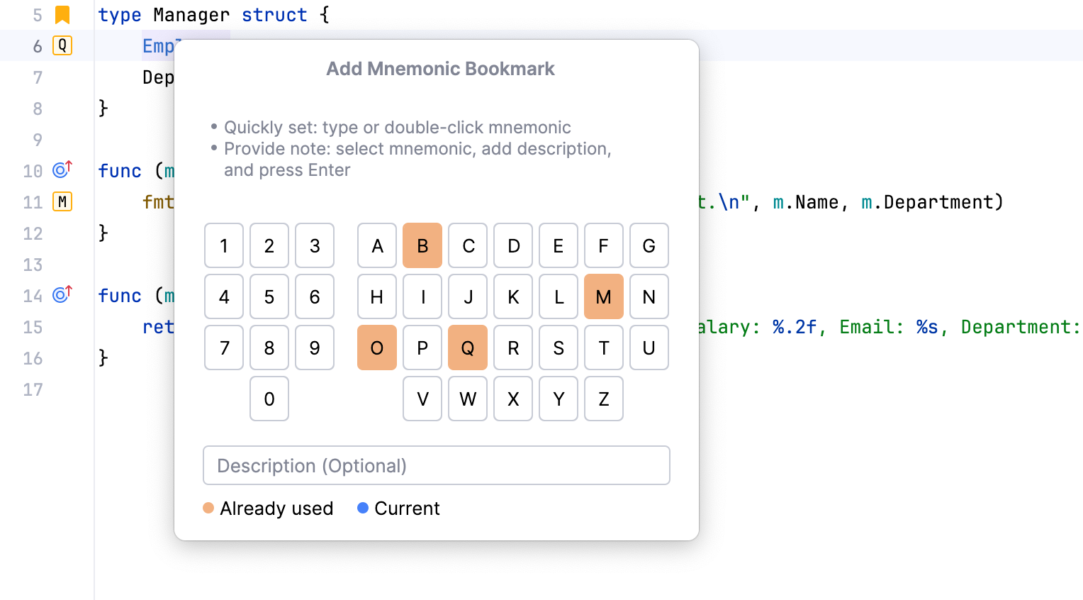 Adding a mnemonic bookmark