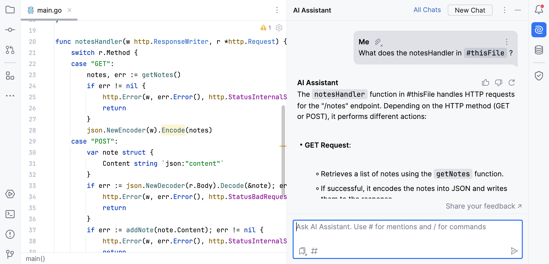 GoLand: Asking AI Assistant programming-related questions