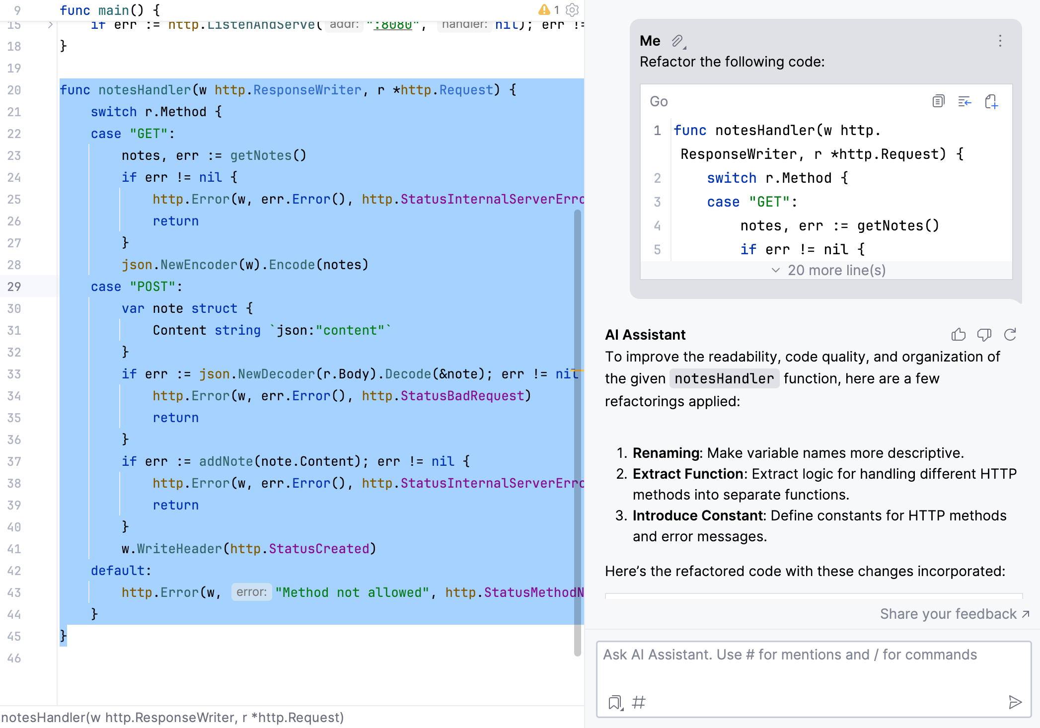 GoLand: AI Assistant suggests refactoring