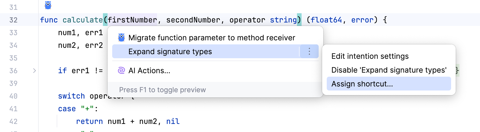 Assigning keyboard shortcut to intention action