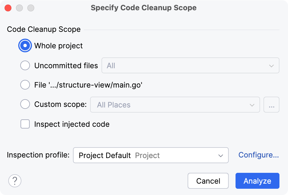 the Specify Code Cleanup Scope dialog