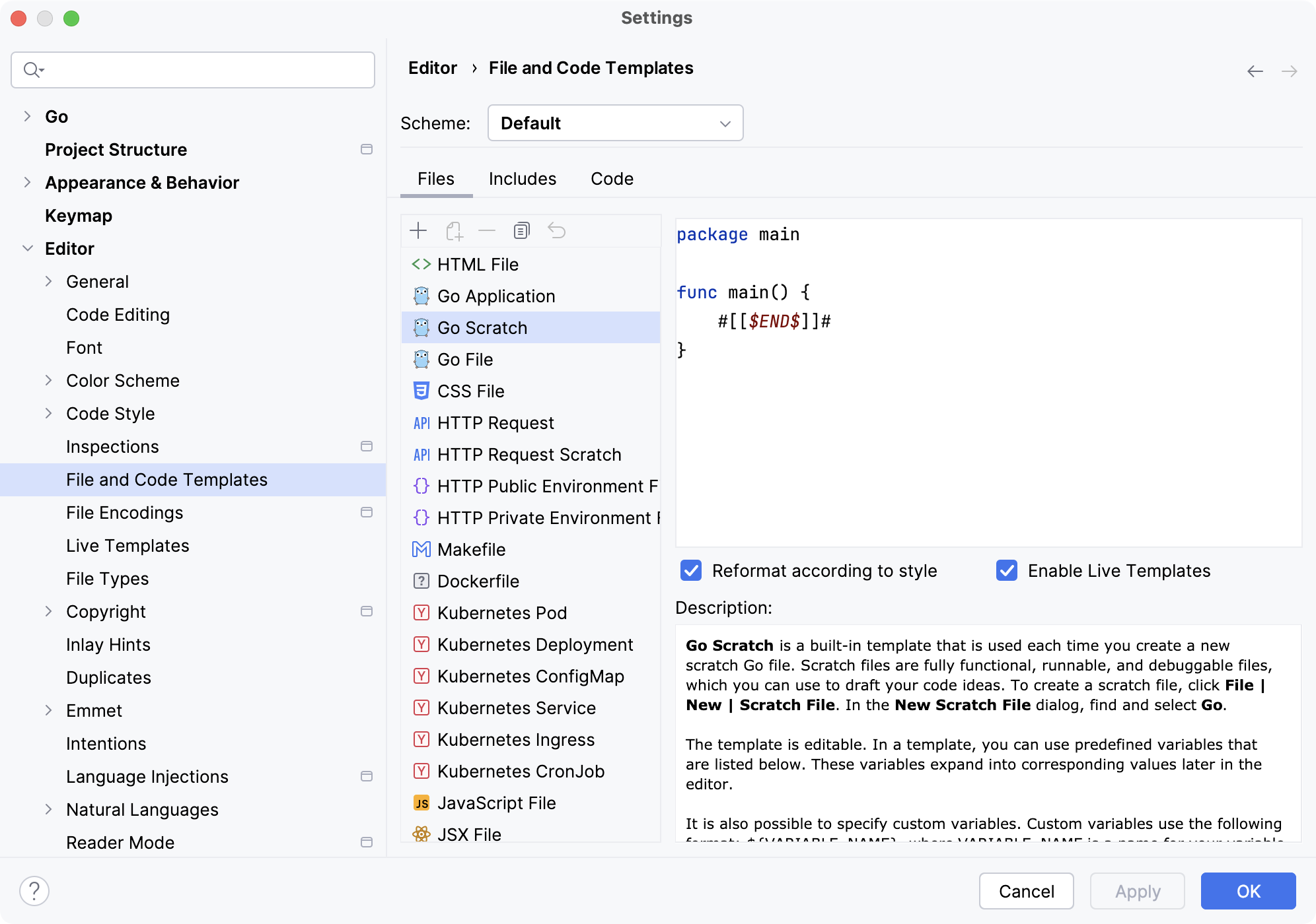 Code template settings