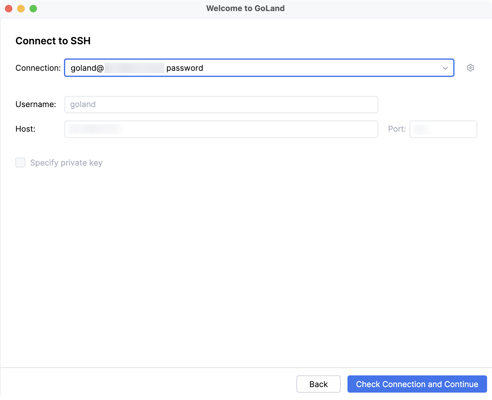 GoLand welcome screen: connect to SSH