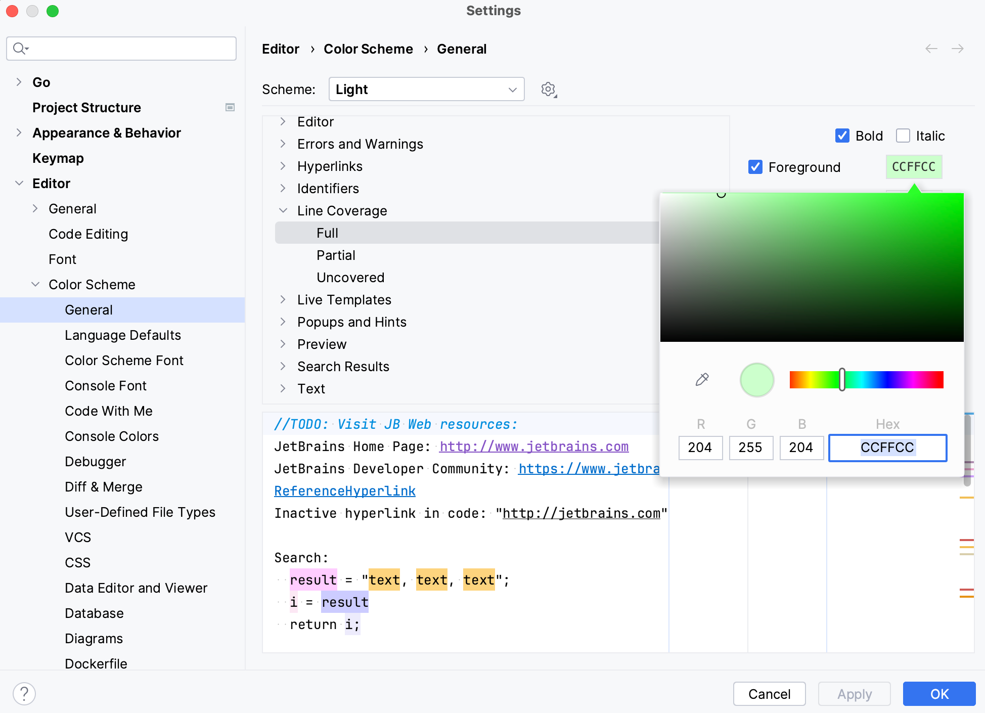 Configure code coverage colors