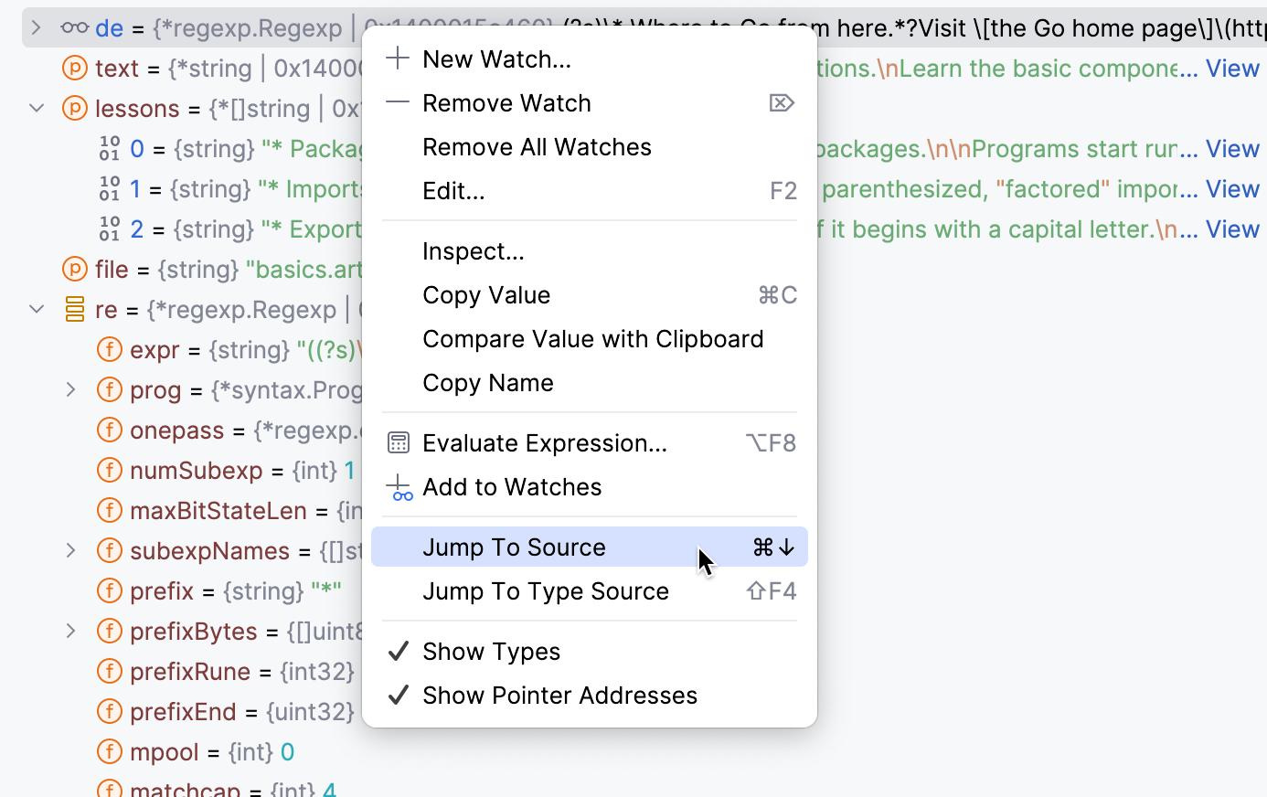 Jump to Source takes you to the place where the variable is declared