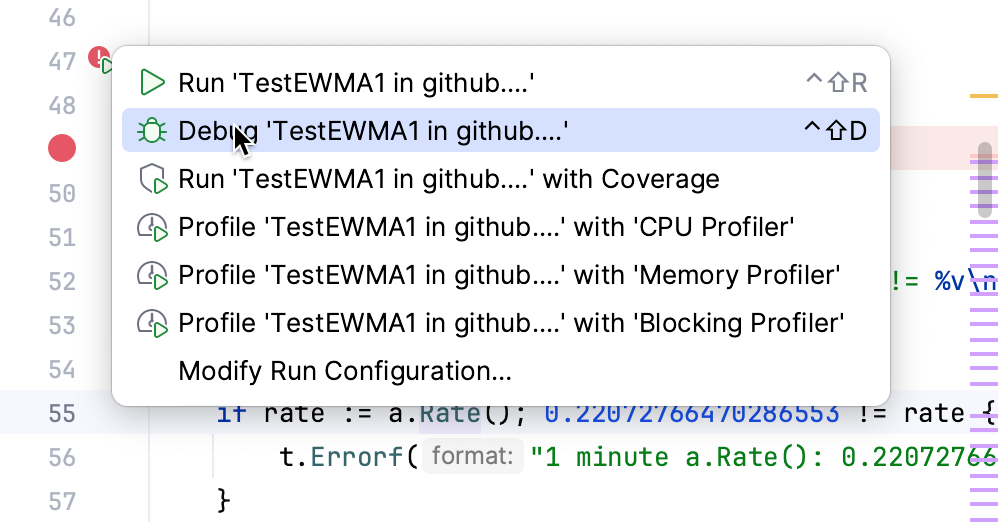 Debugging a test using the gutter icon