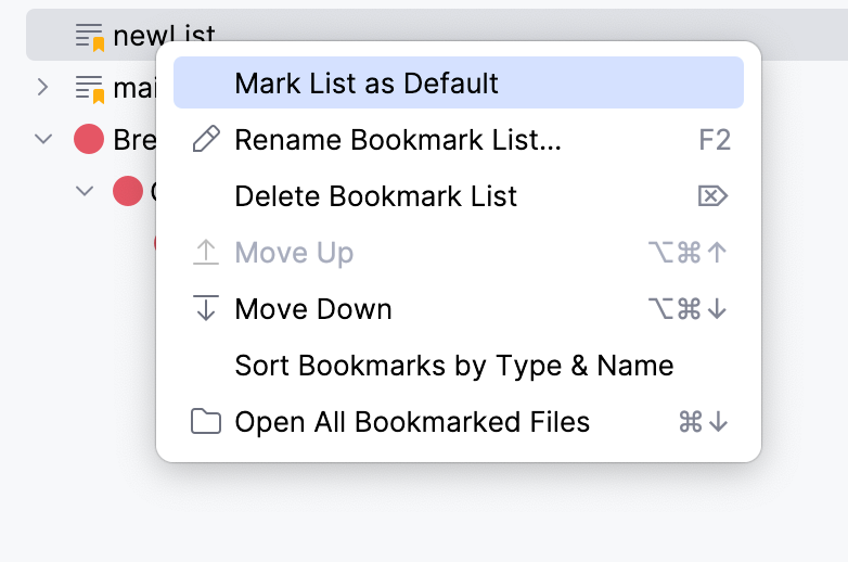 Default list in the Bookmarks tool window