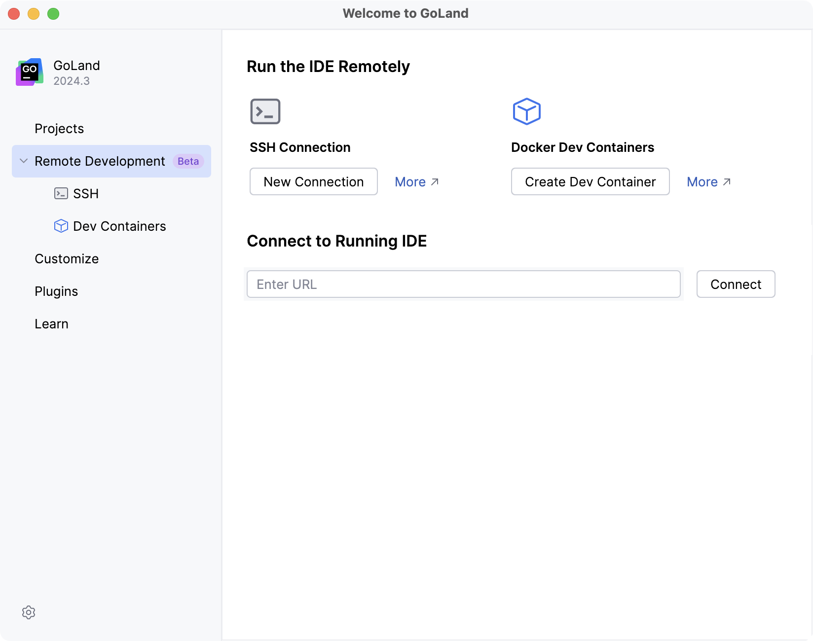 Configuring remote development settings on Welcome screen