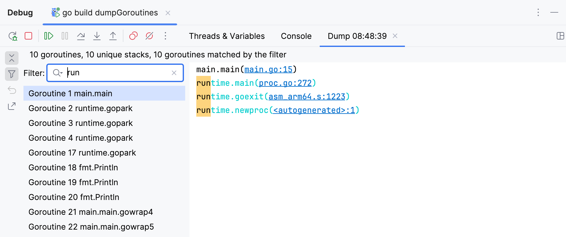 Execution stack of Goroutine 18 main.pageSize