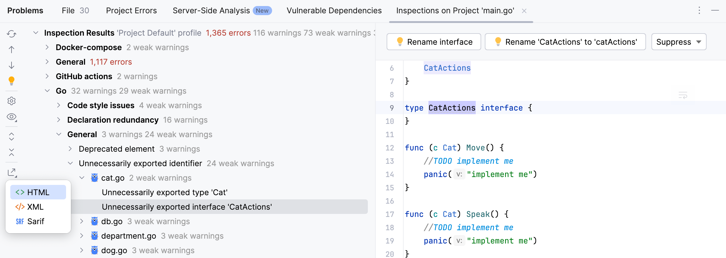 The Export button in the Inspection Results tool window