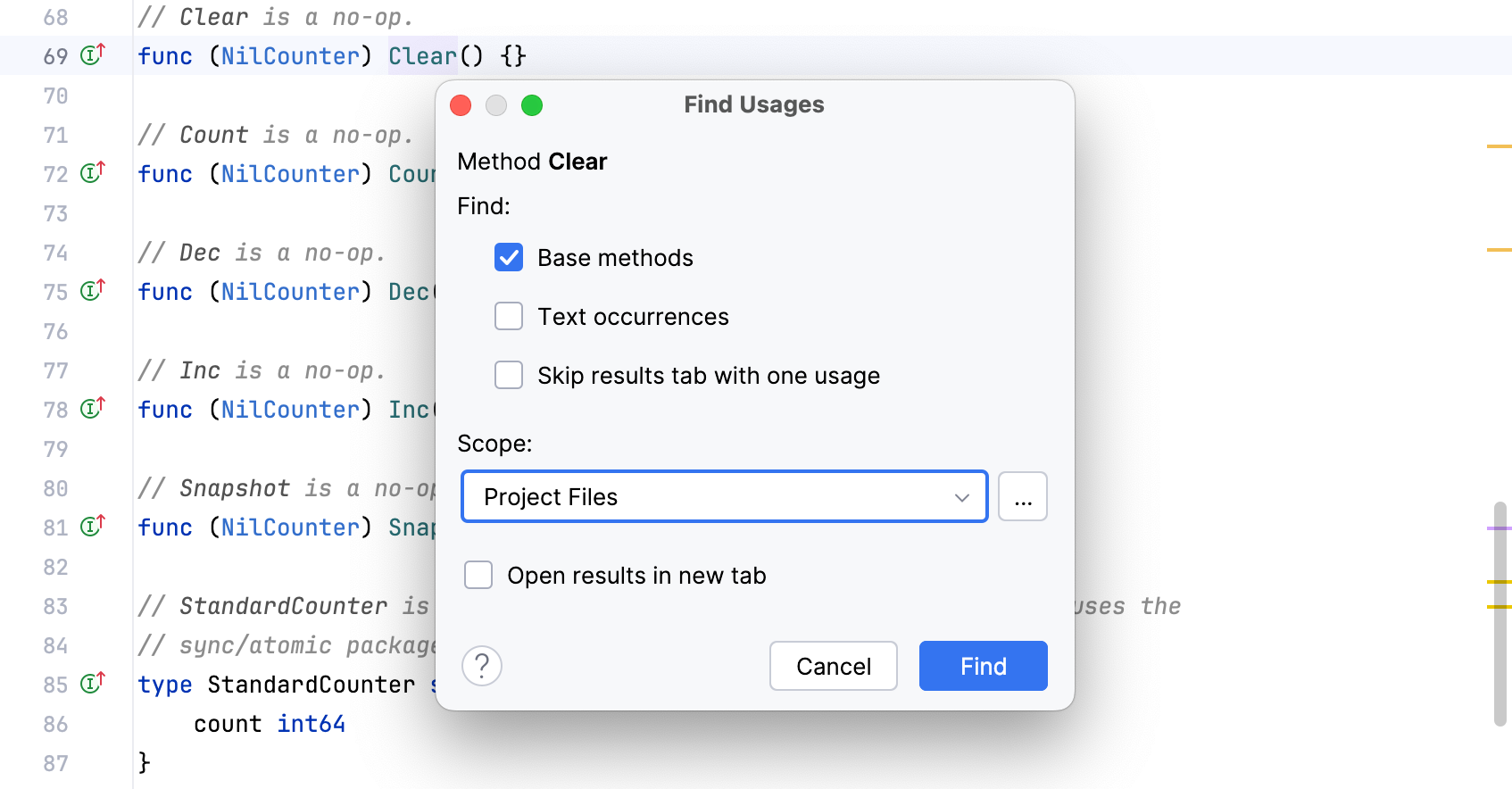 Find Usages dialog (Change Scope)