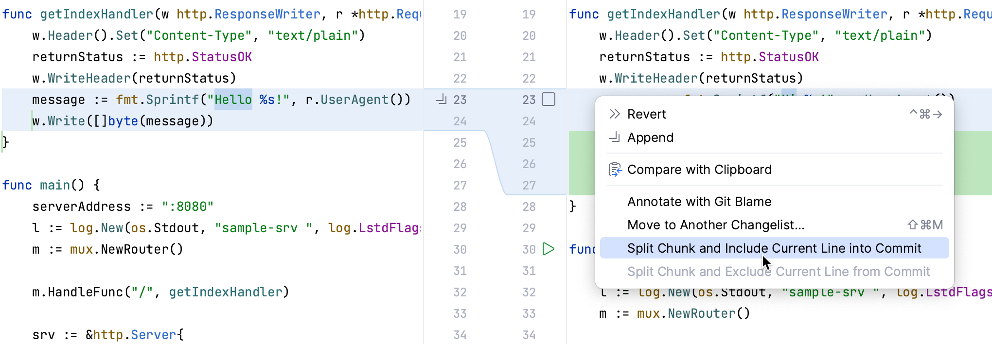 GoLand: An option to include current line in commit in the context menu