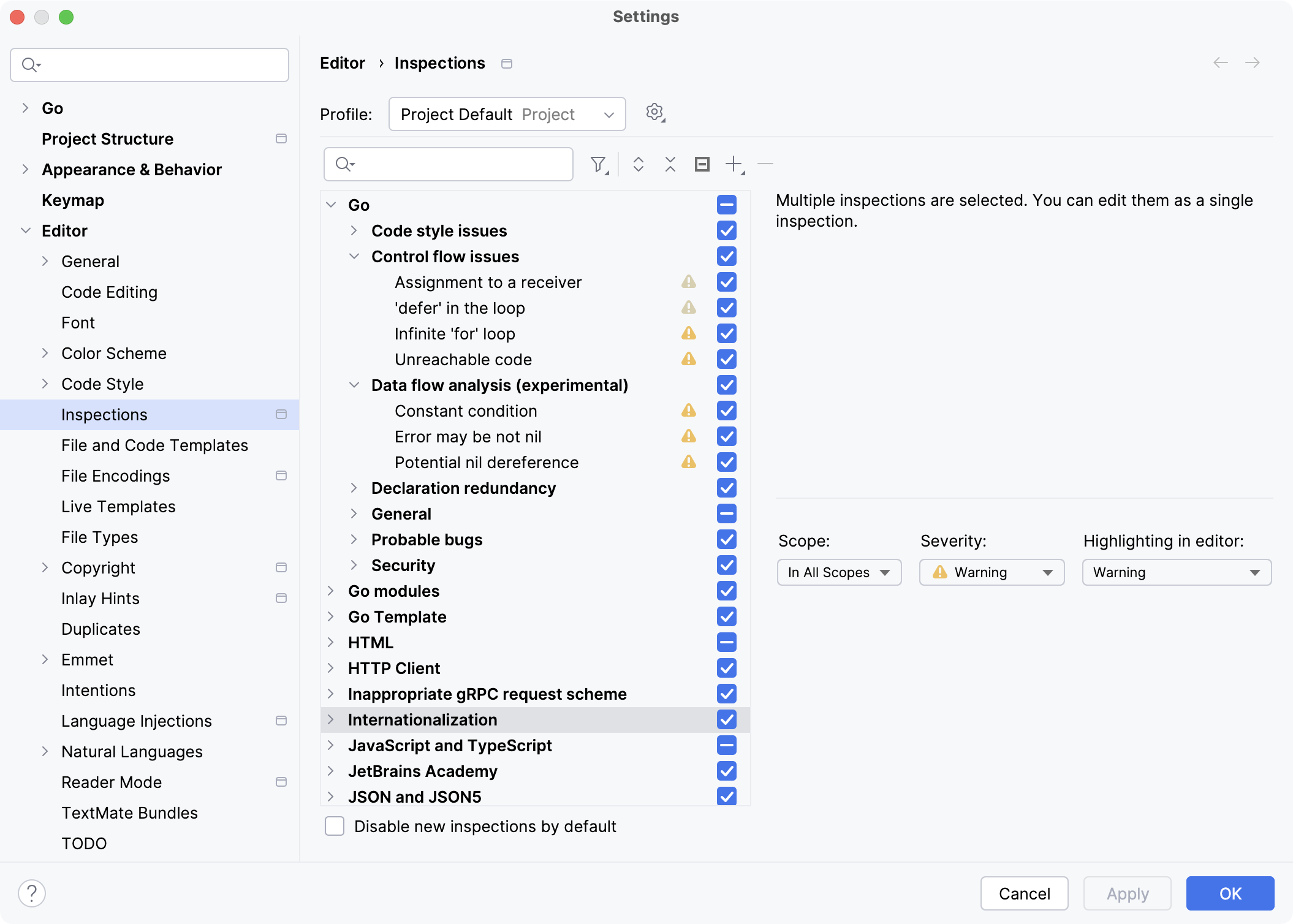 The list of inspections and their settings