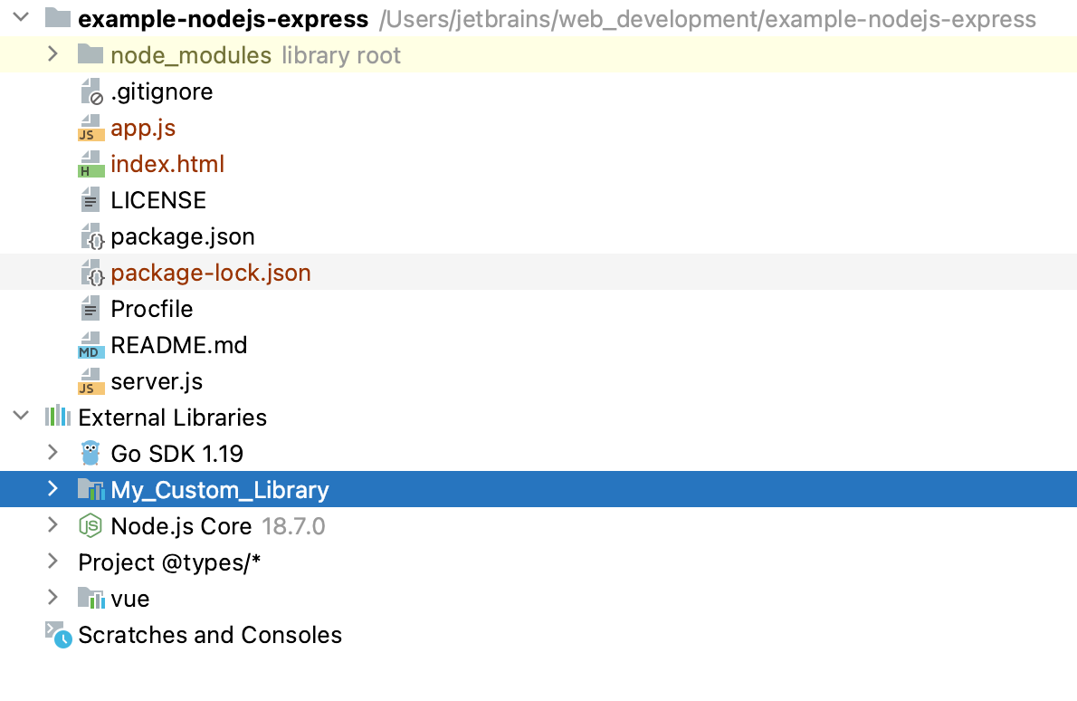 A custom library is shown under the external Libraries node