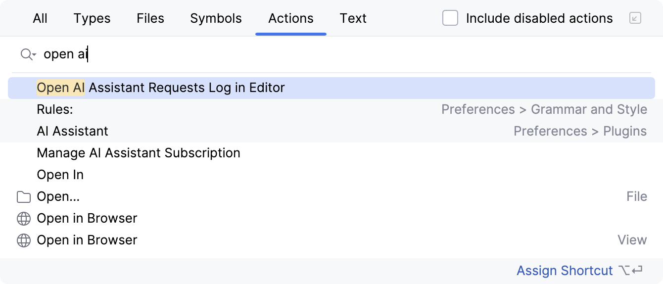 Action in Search Everywhere for opening AI Assistant requests log