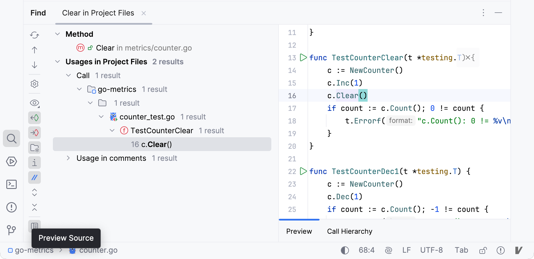 Preview source code for found usages